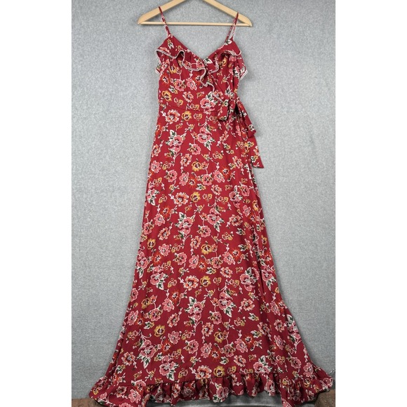 City Vibe Dress Womens Small Red Floral Maxi Ruffle Wrap Spaghetti Strap Boho - Picture 1 of 9